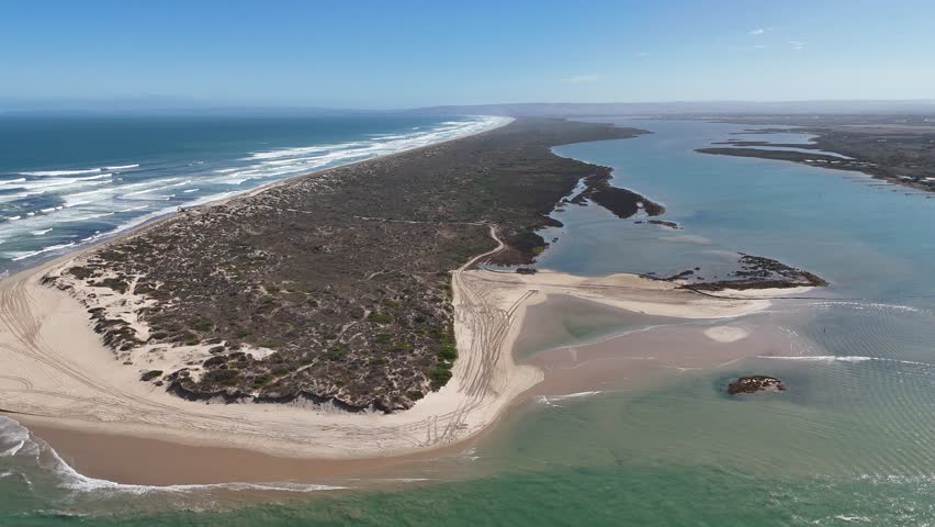 Coorong National Park – 4K Aerial Drone Footage from Murray Mouth Lookout, Hindmarsh Island, South Australia, Featuring Murray River Mouth, Sand Dunes, Estuary, Coastal Wetlands, Australia Wildlife