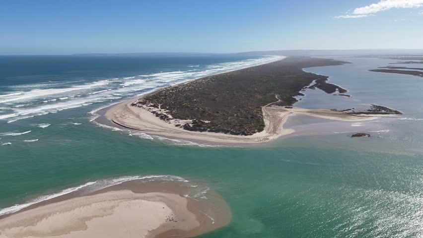 Coorong National Park – 4K Aerial Drone Footage from Murray Mouth Lookout, Hindmarsh Island, South Australia, Featuring Murray River Mouth, Sand Dunes, Estuary, Coastal Wetlands, Australia Wildlife