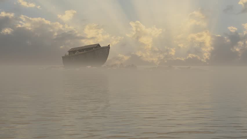 Bible story Noah's Ark floats on water in the middle of a flood 3d render 