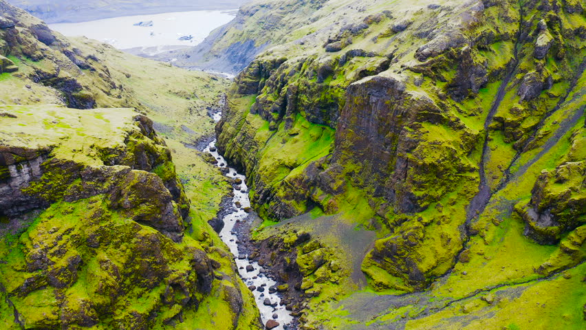 Aerial view of beautiful canyon close the lagoon in front of the Solheimajokull glacier in southeast Iceland.