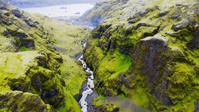 Aerial view of beautiful canyon close the lagoon in front of the Solheimajokull glacier in southeast Iceland. - Powered by Shutterstock - Get 15% off with code: PIKWIZARD15