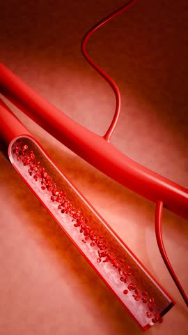 Illustration of artery clogged by excess cholesterol, trans fats, and sugars from unhealthy diets such as junk food, sodas, and alcohol, highlighting risks of cardiovascular disease. 3D rendering.
