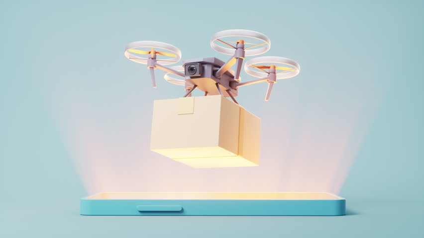 Drone carrying the box on the mobile phone, 3d rendering. Motion graphic.