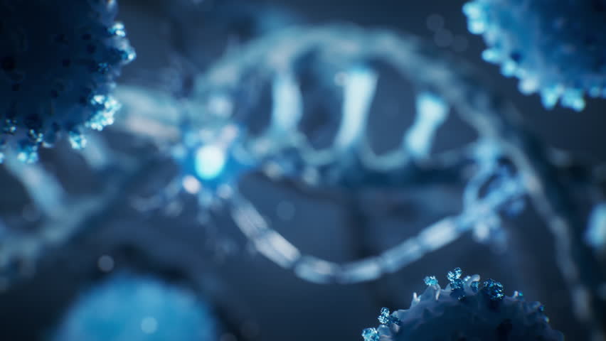 Nerve cell with biological DNA background, 3d rendering. Motion graphic.