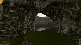 CGI aerial reveal of majestic rock arch formation over water. Camera pulls back showing dramatic, fantasy mountain landscape. 3D rendered nature scene simulation. - Powered by Shutterstock - Get 15% off with code: PIKWIZARD15