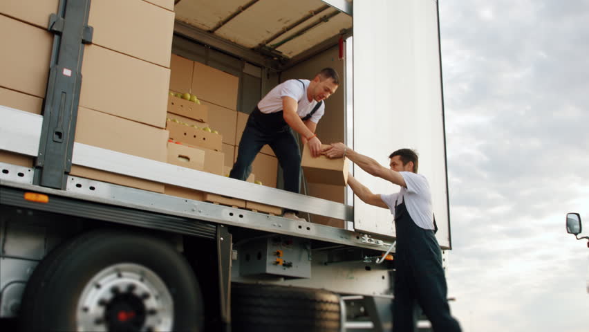 Workers loading delivery truck. Transportation of food, concept of carriage on lorry. Shipment order of foodstuff for sale. Men carry and sort cardboard boxes of fruits and vegetables for supplier.