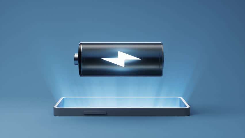 Mobile phone with battery on it, 3d rendering. Motion graphic.