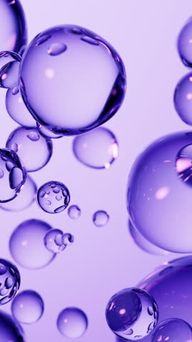 Floating transparent purple bubbles background, 3d rendering. Motion graphic.