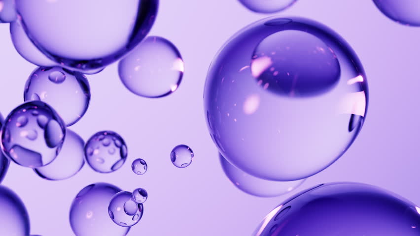 Floating transparent purple bubbles background, 3d rendering. Motion graphic.