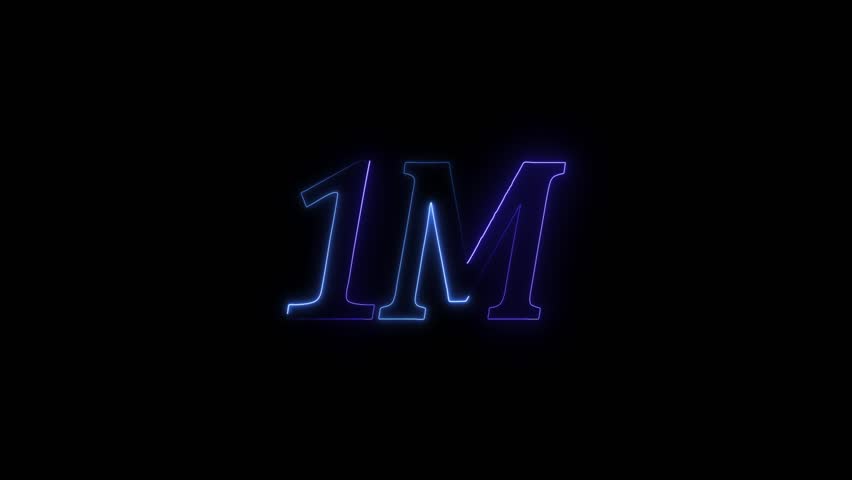 1 Million achievement for social media videos. Neon 1M text animation on black background.
