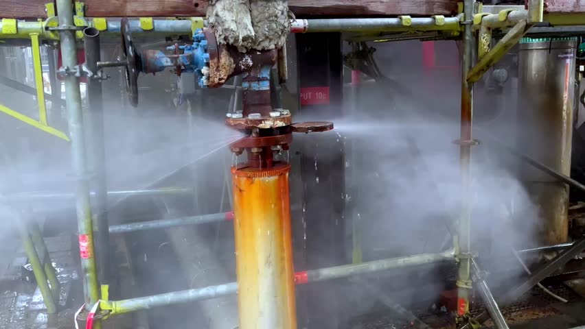 A close-up view of a leaking valve inside a factory infrastructure, releasing steam and spraying water droplets into the air
