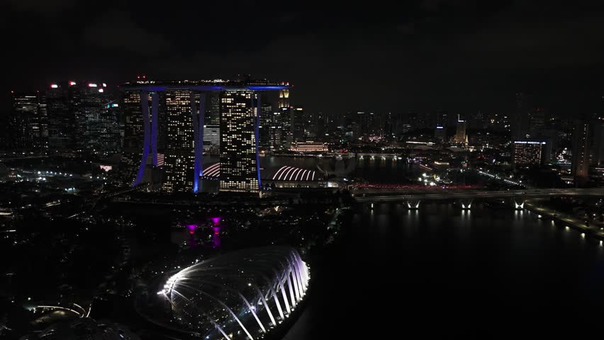 Singapore cityscape from the harbor, signature building, nighttime