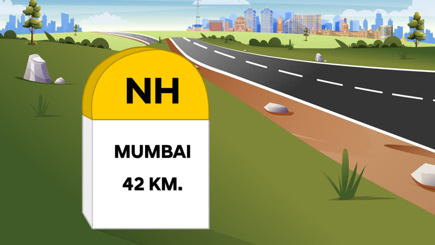 Mumbai, Maharastra, India-January 22nd 2025- Animation shot of a milestone showing distance of Mumbai city and a car passing through a highway.
