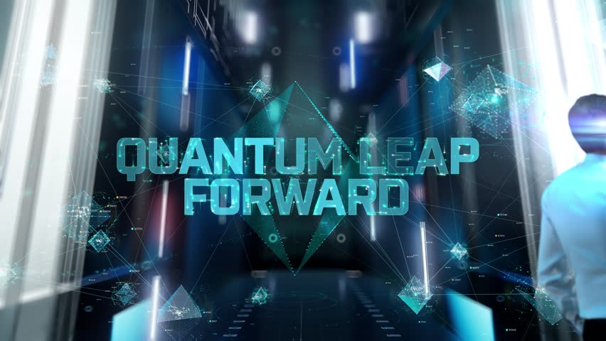 Quantum Leap Forward. Man in Futuristic Office Interior Moving and Activating Hologram.