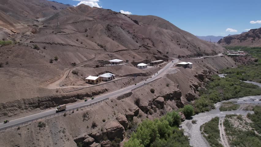 An aerial shot Bikers at Leh Ladakh city in India
