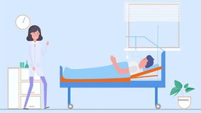 2D Animated illustration Scene Of Lying Male Patient Asking Nurse For Help, Nurse Approaches, Checks Hands. - Powered by Shutterstock - Get 15% off with code: PIKWIZARD15