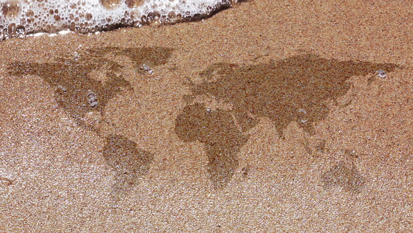 Seamless. Sandy beach. Surf wave showing silhouettes of continents in the sand.