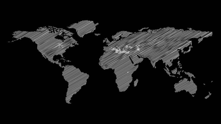 World map illustration drawn with diagonal sketch lines in grayscale over a black background. Minimalist and modern concept ideal for geography, travel, or education themes.