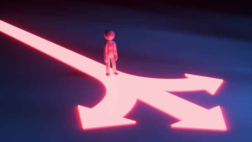 Metallic character standing on a glowing path reaching a crossroads with three diverging glowing arrows, symbolizing choices and decision-making. 3D Illustration