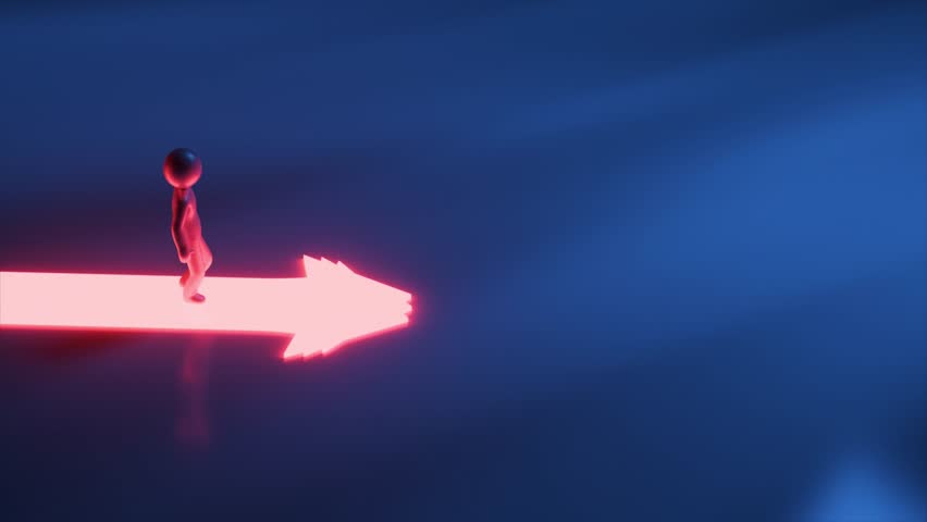 Metallic character standing on glowing path reaching crossroads with three glowing arrows pointing in different directions, symbolizing choices and decision-making. 3D Illustration