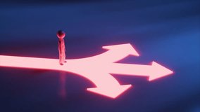 Metallic character standing on glowing path reaching crossroads with three glowing arrows pointing in different directions, symbolizing choices and decision-making. 3D Illustration - Powered by Shutterstock - Get 15% off with code: PIKWIZARD15