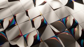 Complex geometric origami tiles with iridescent edges are transforming under a moving light source, creating a mesmerizing play of light and shadow. 3D Illustration - Powered by Shutterstock - Get 15% off with code: PIKWIZARD15