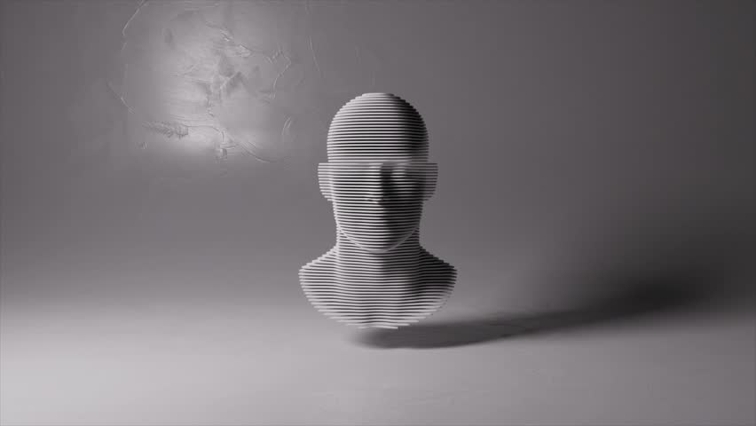 Digital human head transforming into turquoise energy flow, symbolizing artificial intelligence, consciousness uploading, and transhumanist evolution on white background. 3D Illustration