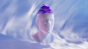 Purple liquid matter is slowly flowing down, covering and dissolving a white male head bust made of thin horizontal stripes, isolated on a white background with light blue shades. 3D Illustration - Powered by Shutterstock - Get 15% off with code: PIKWIZARD15