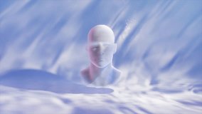 Surreal purple slices progressively covering white mannequin head, dissolving into thin air against blue background with soft shadows, revealing intricate digital art transformation. 3D Illustration - Powered by Shutterstock - Get 15% off with code: PIKWIZARD15