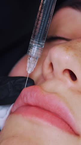 Close-up, female face. Surgeon, in medical gloves, pierces upper womans lip with syringe and slowly injects hyaluronic acid. lip augmentation procedure. Plastic surgery.