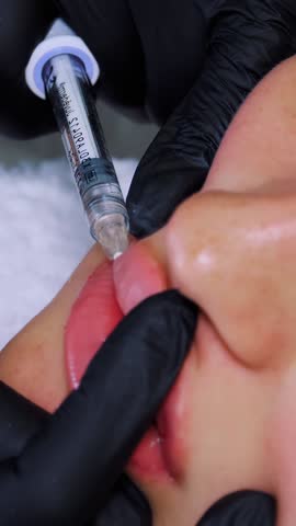 Close-up, female face. Surgeon, in medical gloves, pierces womans lip with a syringe and slowly injects hyaluronic acid. lip augmentation procedure. beauty injections. Plastic surgery.
