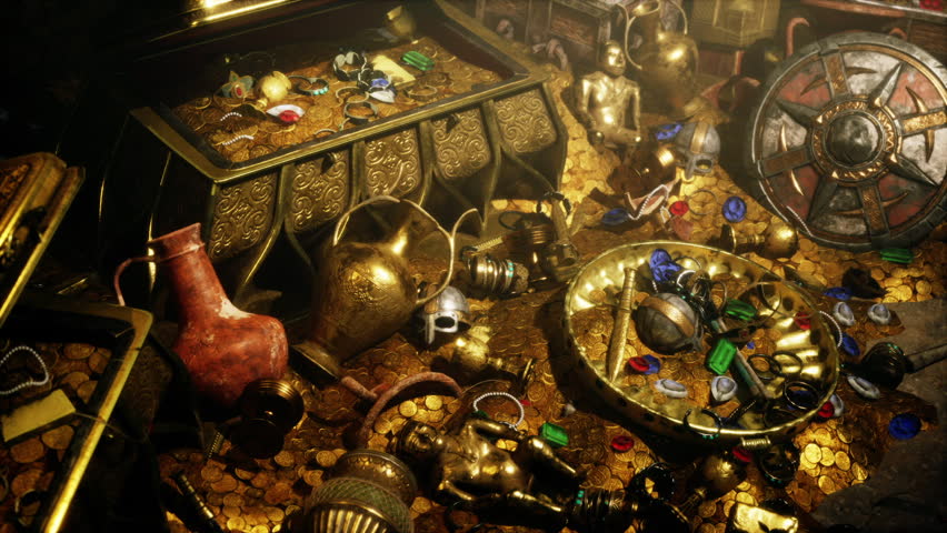 A hidden dungeon is filled with golden treasures, ancient artifacts, and sparkling jewels scattered among ornate chests and relics.