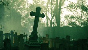 The atmosphere is haunting as fog rolls through an old cemetery, revealing a weathered cross surrounded by shadows and silhouettes of wooden fences at dusk. - Powered by Shutterstock - Get 15% off with code: PIKWIZARD15