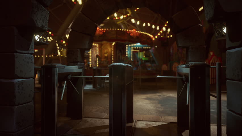 The amusement park stands silent at night, its colorful lights illuminating empty pathways and attractions. Closed gates and still rides evoke a sense of nostalgia and mystery in the quiet atmosphere.
