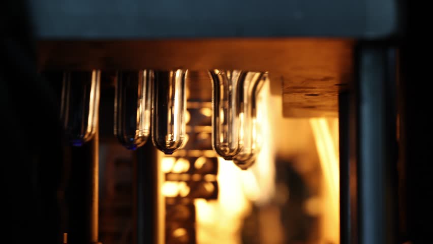Close up of plastic PET bottle preform heating process in industrial manufacturing machine. Automated industrial PET bottle machine. Robotic system automation in high speed plastic bottle production.