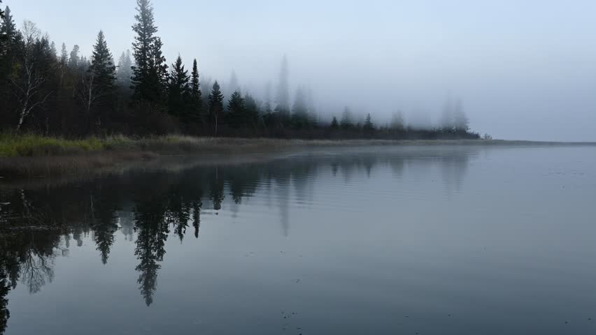 Peaceful morning at a northern lake with fog water reflecting shoreline of spruce trees