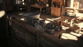 The cozy kitchen features rustic wooden tables and shelves, filled with ceramic dishes and utensils, creating a warm atmosphere during daylight hours. - Powered by Shutterstock - Get 15% off with code: PIKWIZARD15