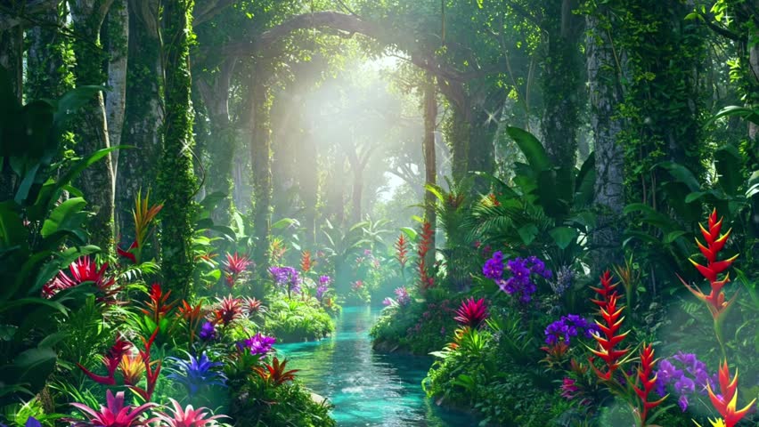 Colourful flowers in a lush forest, butterflies fluttering, a clear river flowing, with morning sunshine