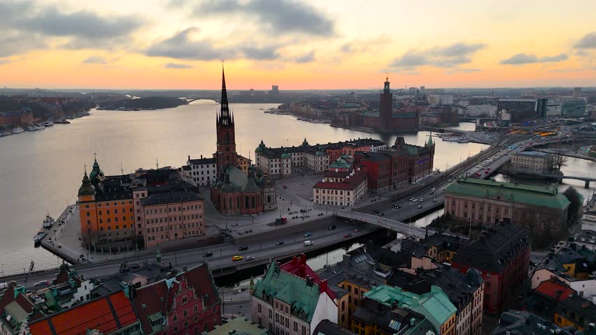 Aerial view of colorful historic buildings in Gamla Stan, the old town of Stockholm, Sweden. Ideal for travel, architecture, and European tourism concepts