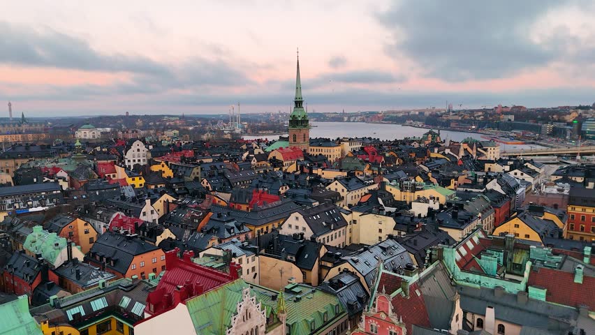 Aerial view of colorful historic buildings in Gamla Stan, the old town of Stockholm, Sweden. Ideal for travel, architecture, and European tourism concepts