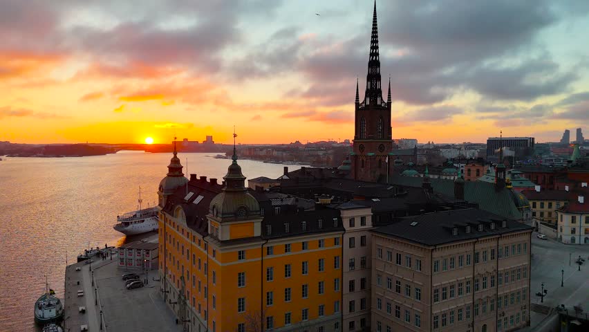 Aerial view of colorful historic buildings in Gamla Stan, the old town of Stockholm, Sweden. Ideal for travel, architecture, and European tourism concepts