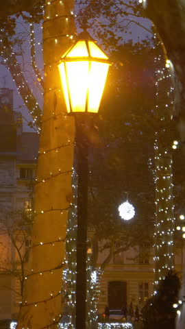 CLOSE UP, DOF: Lamp lights up the festive Christmas park on a cold night in Zagreb. Tiny snowflakes start falling from the sky and past a lantern lit up in the middle of a picturesque advent park.
