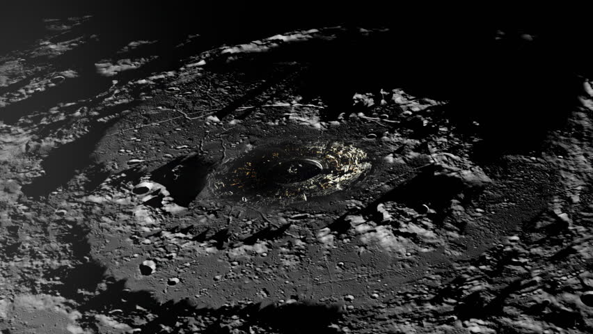 Futuristic colony on the moon seen from above. Zooming in on an illuminated space station. Based on NASA Public Domain Imagery