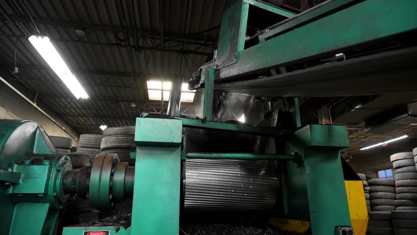 Process of Crushed tires processed in a recycling plant, showcasing sustainable waste management solutions.