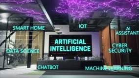 3d technology animation of television turning on with artificial intelligence text on screen and smart home , iot and more around - Powered by Shutterstock - Get 15% off with code: PIKWIZARD15