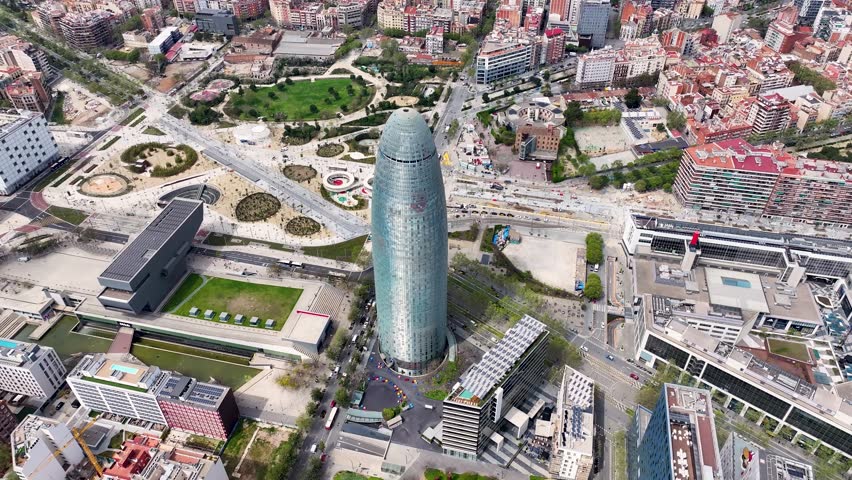 Glories Tower At Barcelona In Catalonia Spain. Cityscape Scenery. Downtown City. Barcelona At Catalonia Spain. Cultural Heritage Skyline. Beautiful Metropolis.