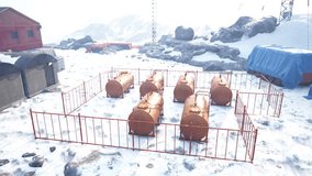 Scientists conduct research at an old Antarctic station surrounded by snow and rocky terrain, using tanks for experiments and weather observations. - Powered by Shutterstock - Get 15% off with code: PIKWIZARD15