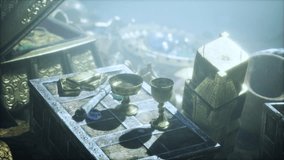 Ancient treasures, including chalices and scrolls, are revealed in a hidden dungeon illuminated by soft, mystical light. - Powered by Shutterstock - Get 15% off with code: PIKWIZARD15