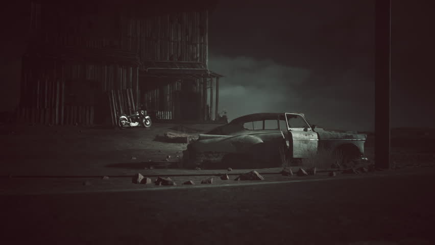 A vintage car and a motorcycle sit abandoned in a dark, eerie environment, surrounded by rubble and faint shadows, illustrating a haunting sense of neglect and isolation.