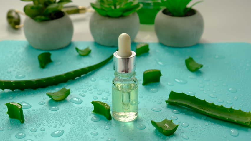 aloe vera extract and capsules. Selective focus.